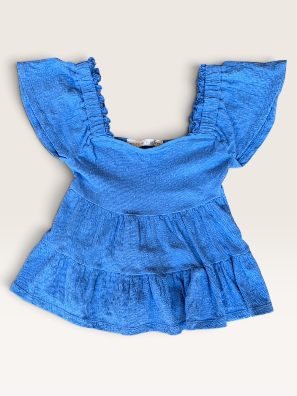 Altar'd State Blue Ruffle Sleeve Peplum Top